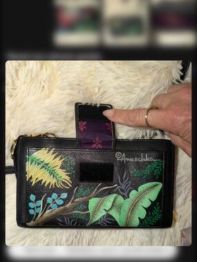 “Anuschka RFID Blocking Tropical Parrot Crossbody Wallet Hand Painted Art Purse”